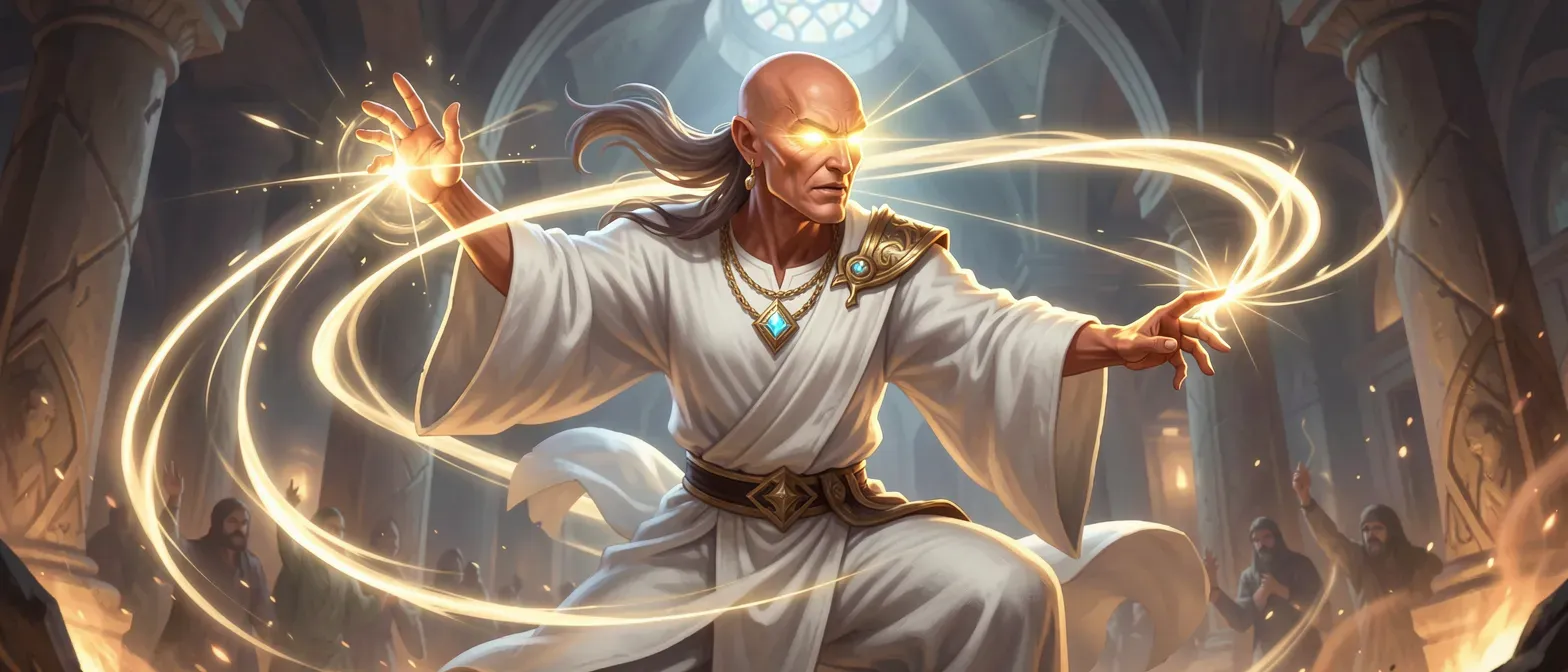 Bald Aasimar cleric with sun-tanned skin, white robes, and radiant yellowish-white eyes, emitting light bands during spells.