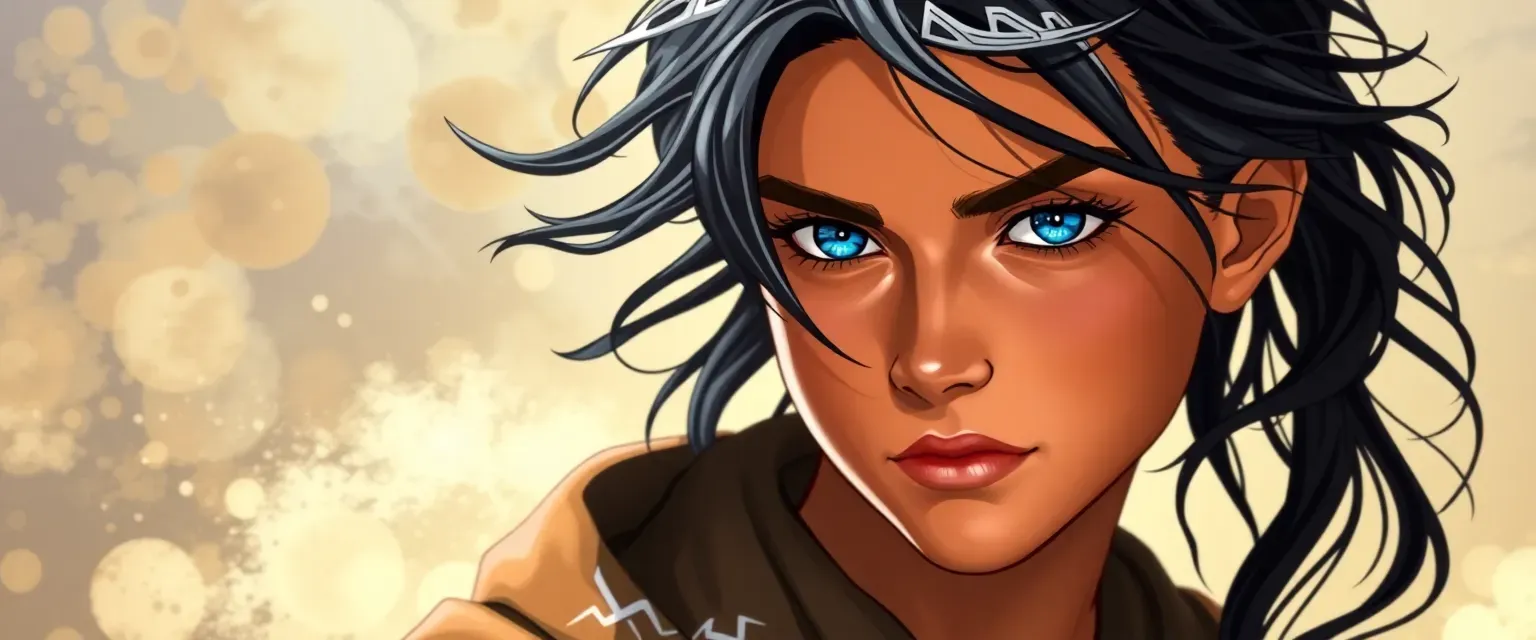 18-year-old Padawan with piercing blue eyes, sun-tanned skin, and black, wind-tossed hair, wearing traditional robes with lightning symbols.