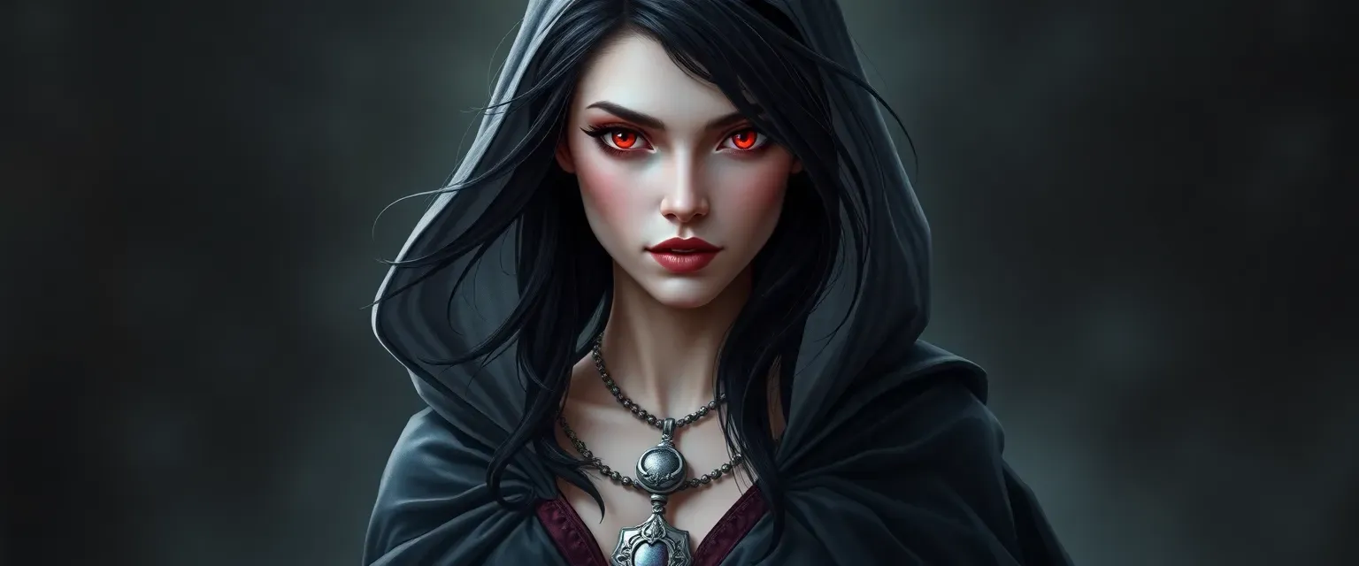 25-year-old female vampire mage with pale skin, dark hair, and crimson eyes, wearing a flowing cloak and silver amulet.