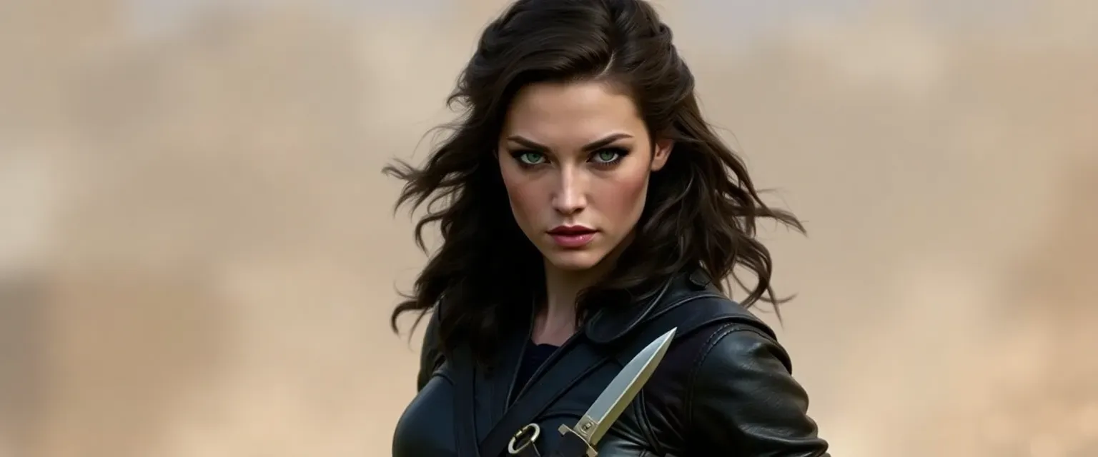 Mid-twenties woman with dark wavy hair, green eyes, wearing dark leathers, carrying a small dagger.
