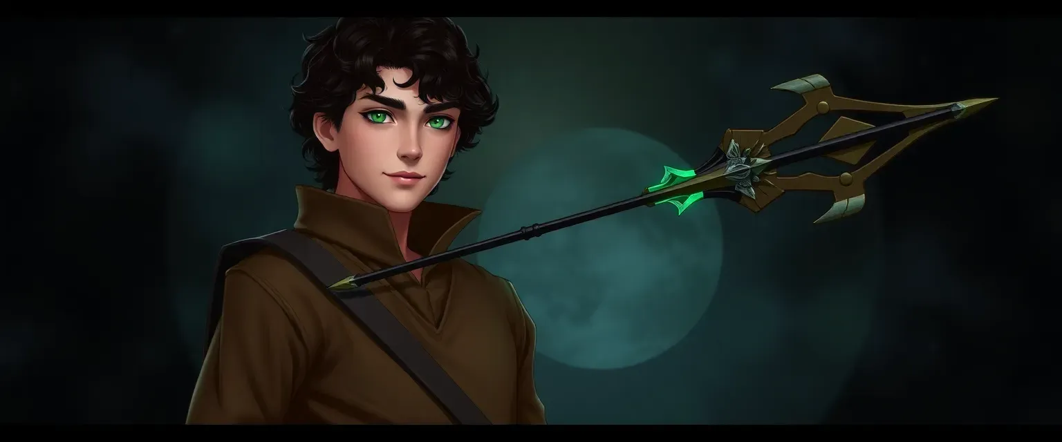 Kael Arkwright, 15-year-old son of the Protector of the Reaper's Requiem Arrow; slender build; emerald green eyes; dark curly hair; wears earth-toned tunics and leather boots; possesses ability to sense missing arrow.