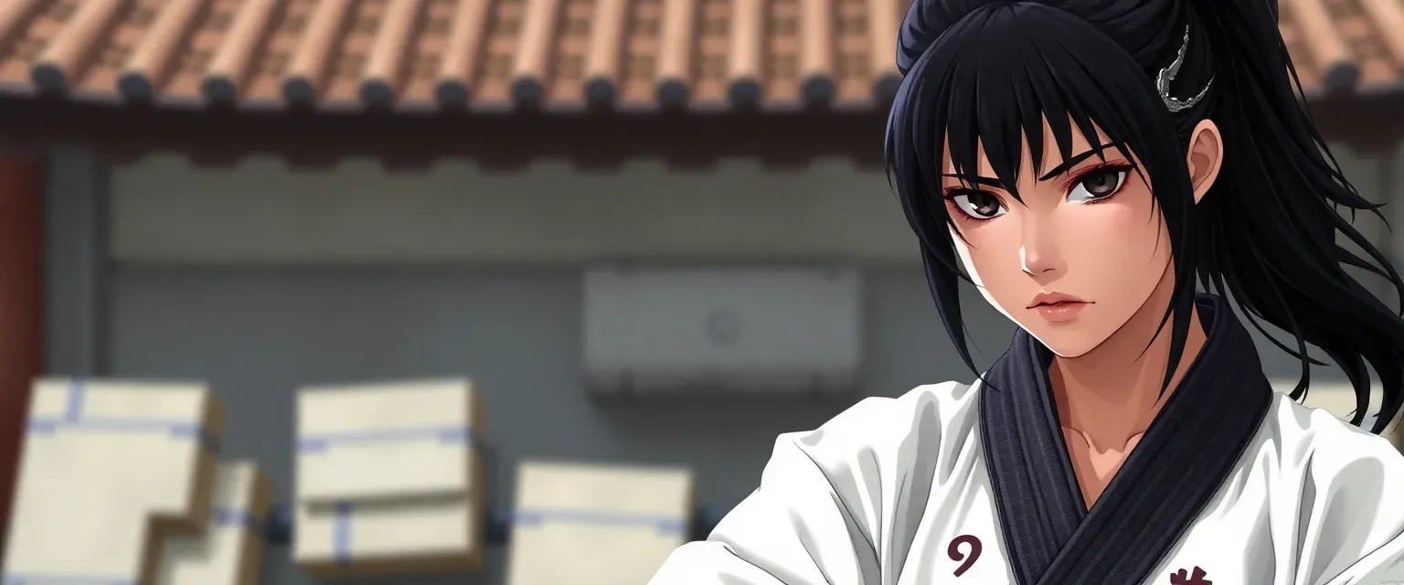 18-year-old Toga Atomi, martial arts black belt, long dark ponytail, sharp eyes, modified gi with embroidery, in Sakamoto days.