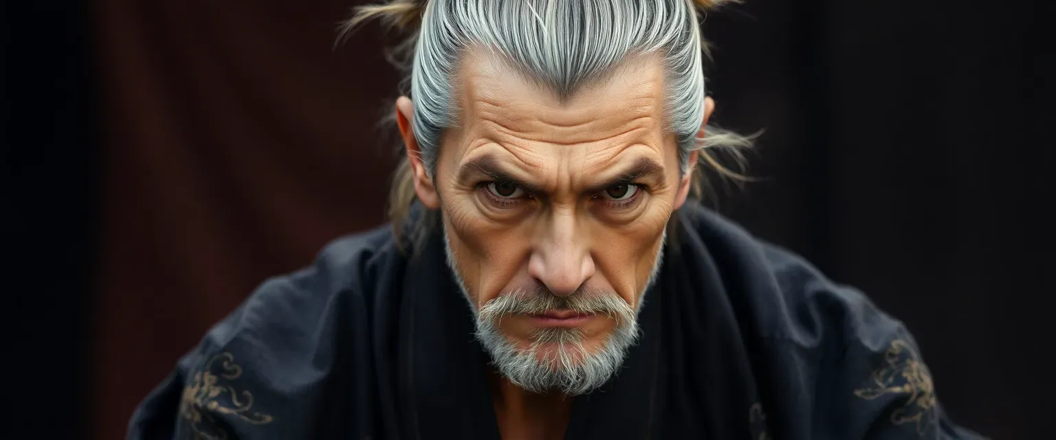 A 60-year-old man with graying hair in a samurai topknot, wearing a tattered dark kimono with gold threads, and piercing dark brown eyes.