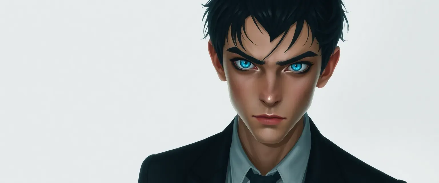 Young, pale-skinned vampire with jet-black hair and piercing blue eyes, dressed in a tailored suit.