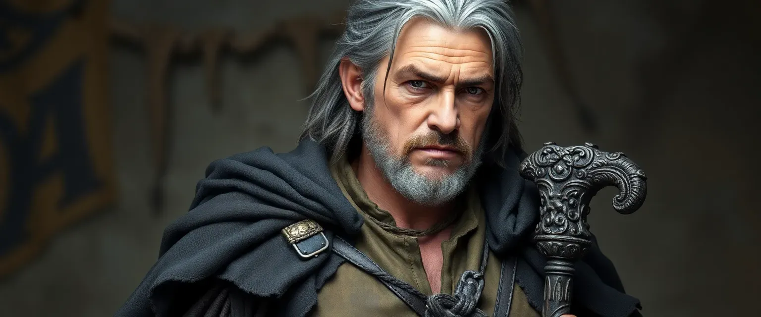 A rugged man in his fifties with silver-streaked hair and a warrior's knot, wearing a weathered leather tunic and a billowing cloak, leaning on an ornate cane.