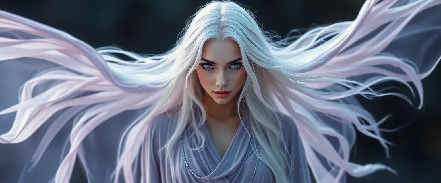 Ethereal woman with flowing robes, silver hair, and piercing violet eyes, embodying wisdom and mystery.