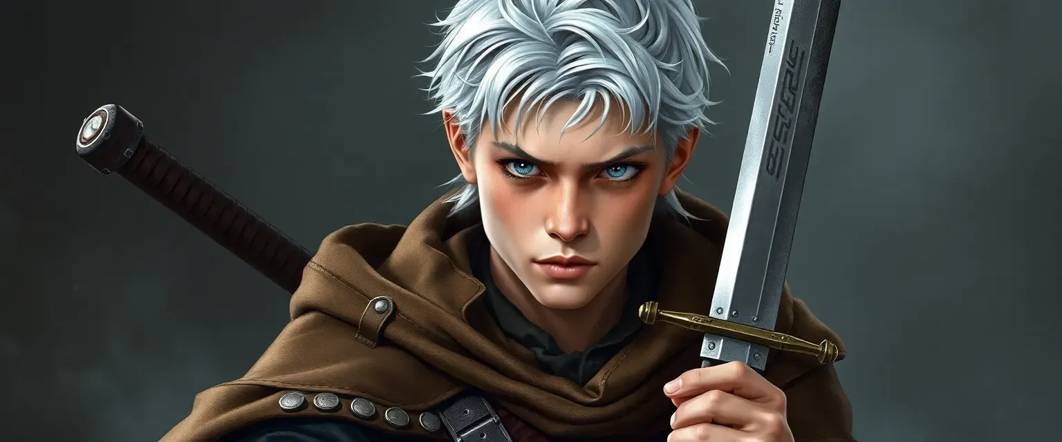 Silver-haired young man with white eyes, dressed in worn leathers and a cloak, carrying a sword.