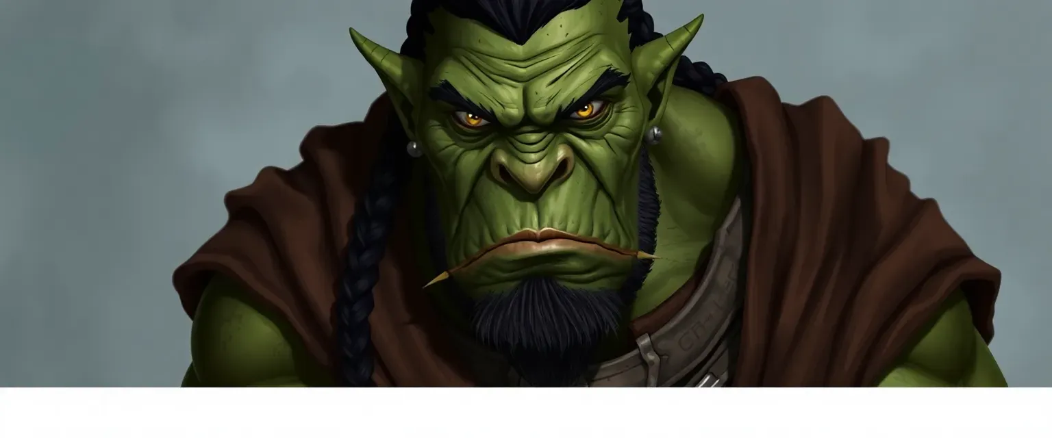 A tall orc with weathered green skin, scarred and muscular, wearing cleric robes, with yellow eyes and braided black hair.