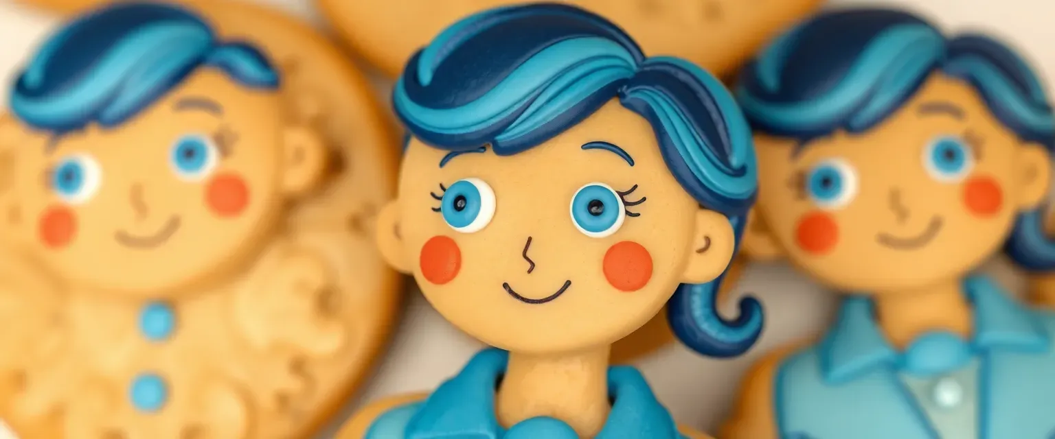 Tan cookie with blue and dark blue hair, white eye icing, blue button eyes, wearing classy blue and light blue clothing.