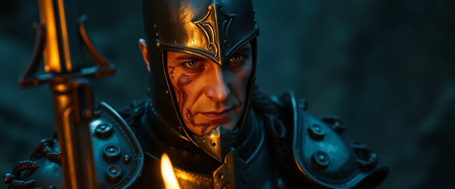 Late 40s knight in dark obsidian armor, scarred face, gray eyes, muttering to unseen spirits.