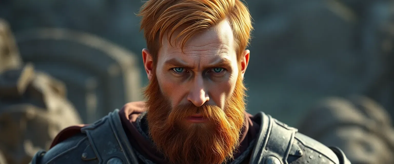 Mid-thirties man with red hair and beard, rugged face with sorrowful eyes, wearing knight's armor.
