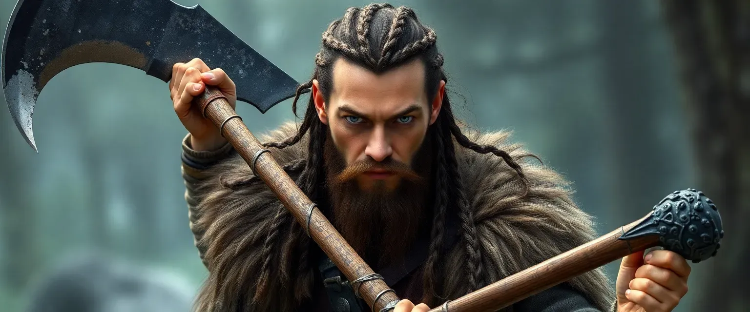 40-year-old Viking warrior with dark brown braided hair, gray eyes, wielding a great axe and hatchet, capable of transforming into a werewolf.