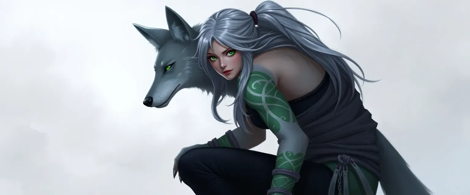 Grey wolf Amari with long grey hair in a ponytail, green eyes, green arm tattoos, black pants, grey wraps, wolf tail, and claws.