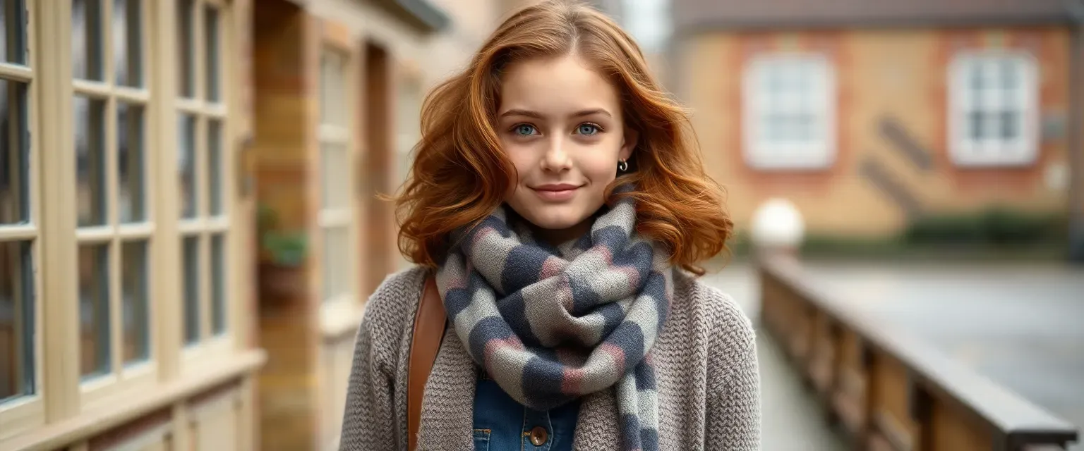 18-year-old Sybil with chestnut waves, bright eyes, wearing a cardigan, jeans, and scarf, exuding British charm.