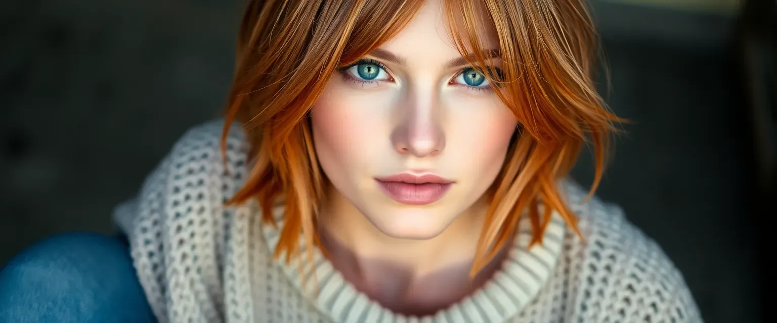 27-year-old woman with green eyes, light copper hair with dark roots, wearing a worn-out sweater and jeans.