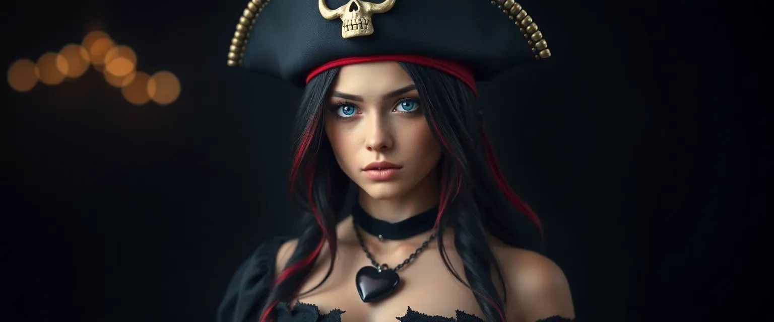 32-year-old female pirate with midnight blue eyes, black hair with red streaks, wearing a pirate hat with a heart skull, black crop top, skirt, and choker with a pierced heart.