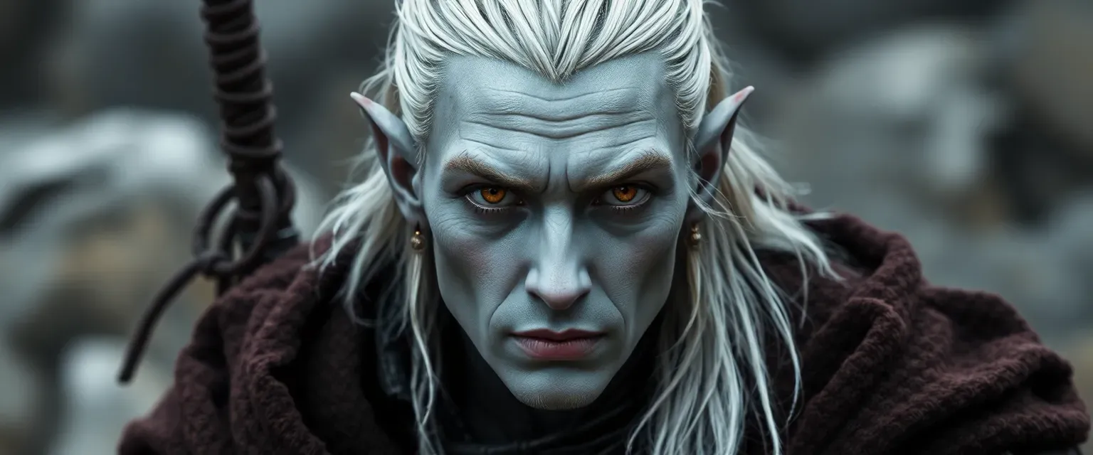 A Githzerai with gray skin, amber eyes, and faded silver hair in a warrior's knot, wearing a dark leather tunic and a shifting cloak.
