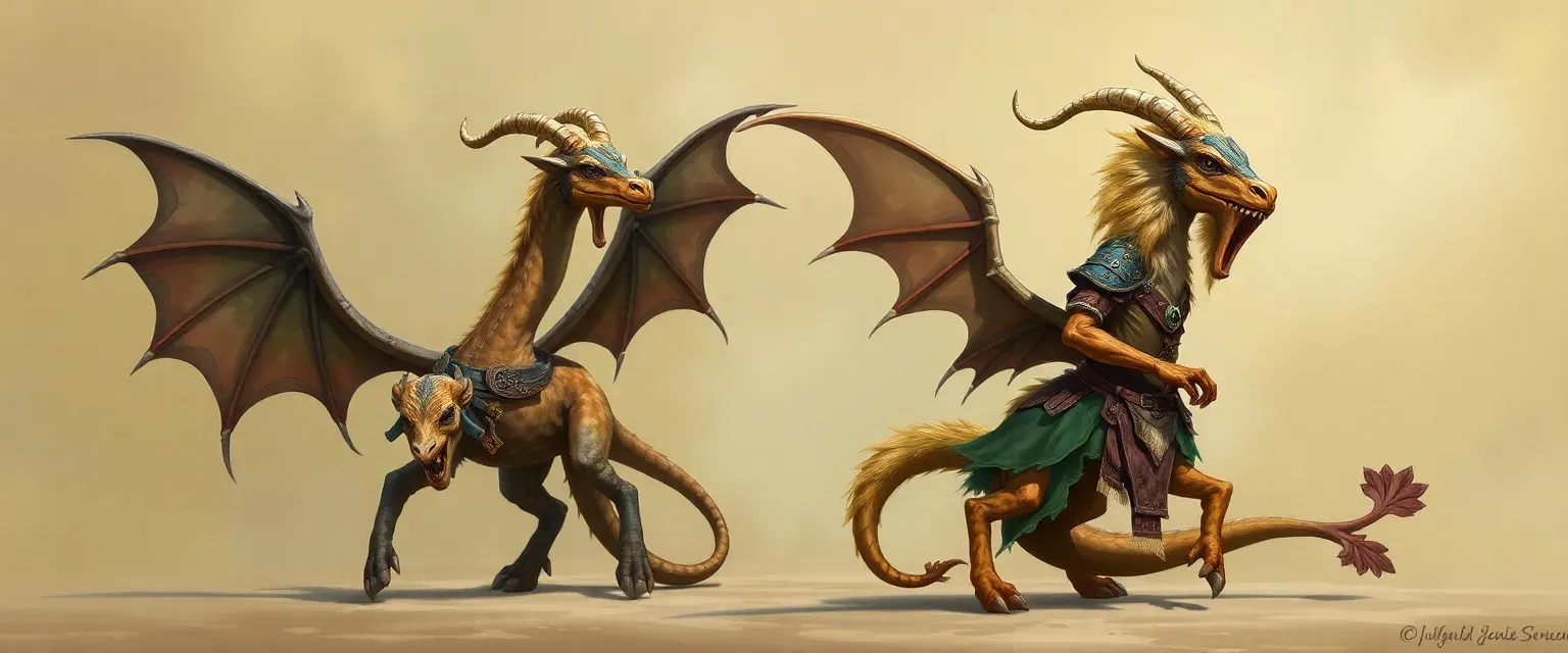 Mismatched draconequus with goat head, serpent body, lion paw, eagle talon, dragon wing, pony leg, wearing bizarre outfits.