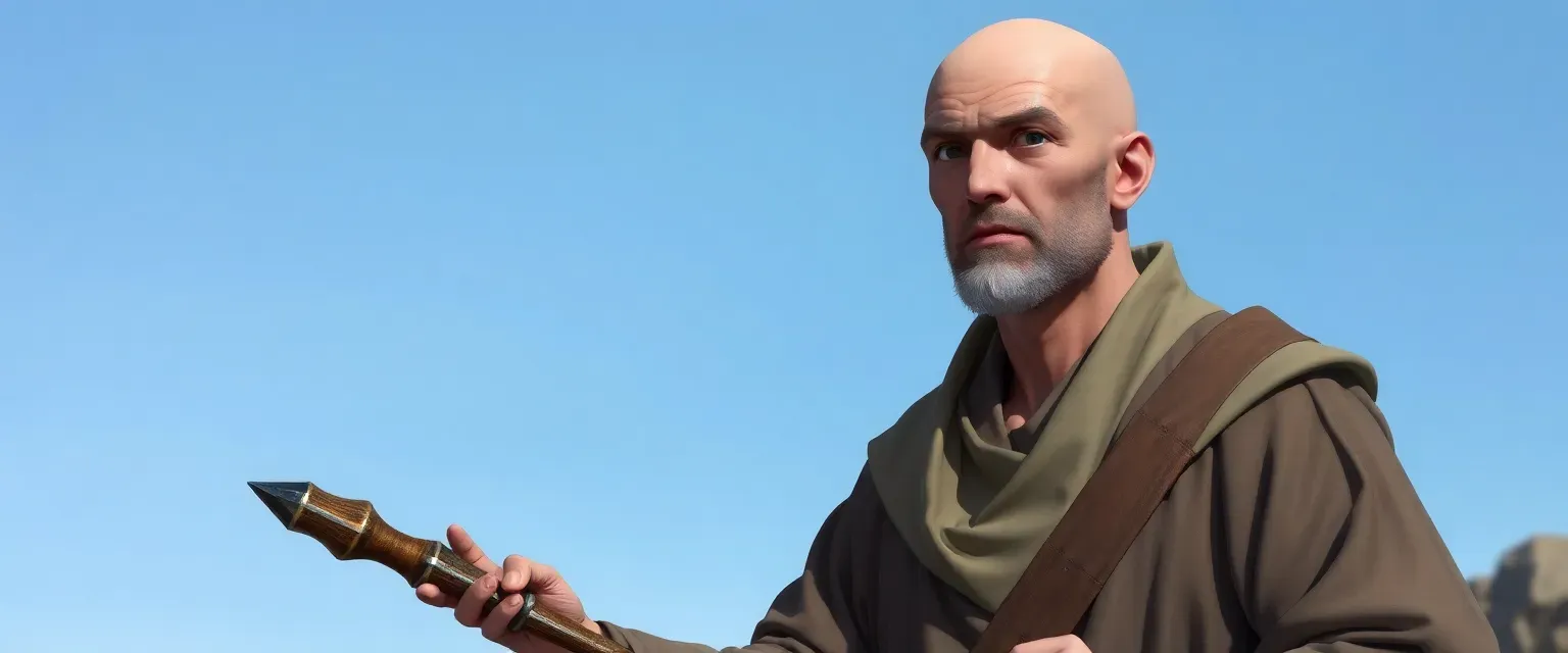 39-year-old bald cleric, 5'10", wearing simple robes, carrying a staff, with a serene expression.