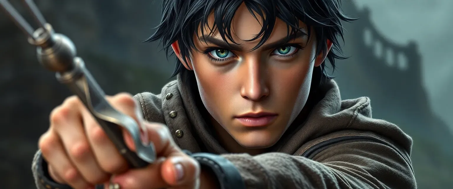 Young man with piercing grey eyes and short black hair, wearing worn leathers, twirling a silver wand.