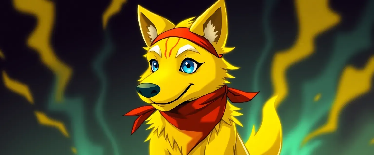 Yellow dog, demigod of chaos, youthful, glowing fur, blue eyes, red bandana.