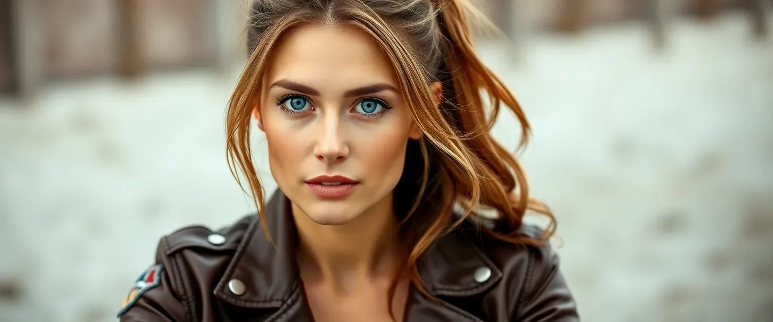Late 20s woman with blue eyes, leather jacket with patches, ponytail, Southern charm.