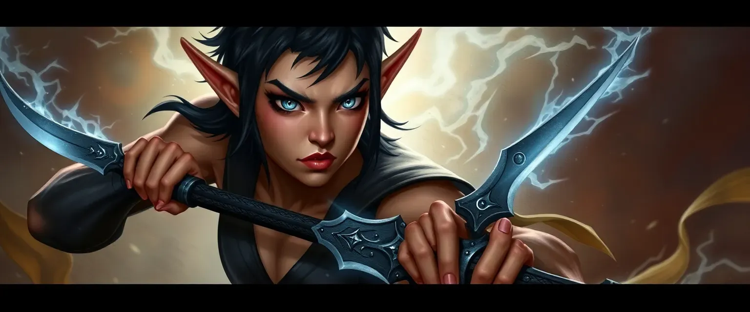 Elf with grey eyes, dark short hair, athletic build, sinister aura, wielding a hex blade.