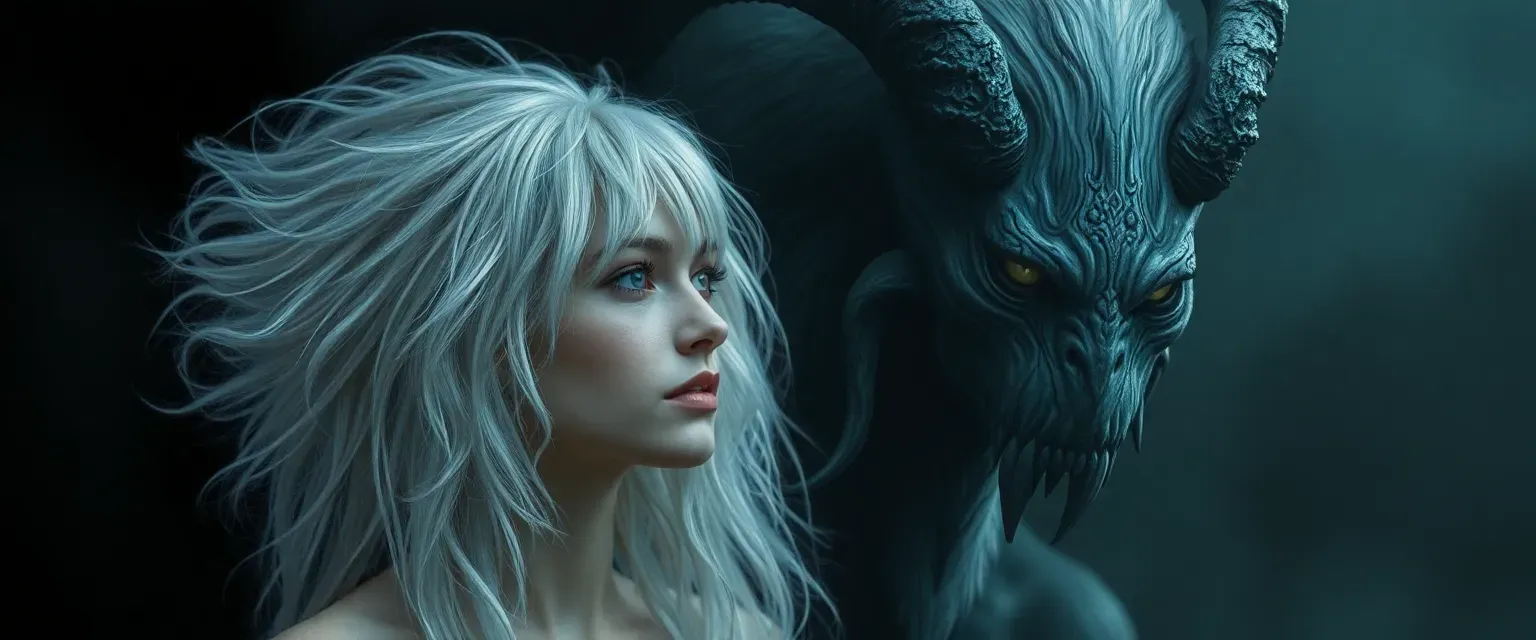 Androgynous figure with silver hair and ethereal beauty, transforming into a wendigo-like creature at night.