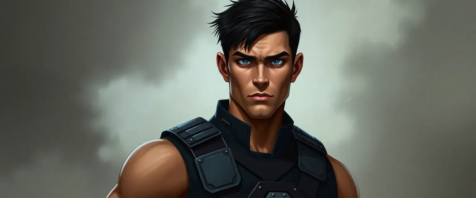 Early thirties, lean, muscular, short black hair, piercing blue eyes, dark tactical suit with utility belt.