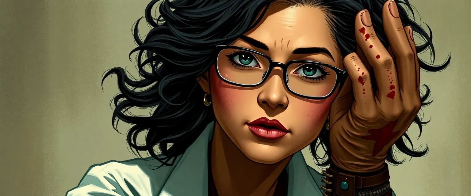 Late 30s Japanese woman, wild black curls, intense eyes, glasses, stained lab coat, sturdy boots.