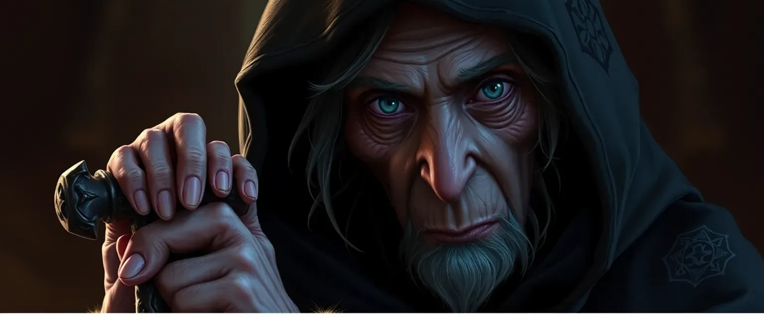 Elderly witch in a dark hooded cloak, using a cane, with piercing blue eyes.