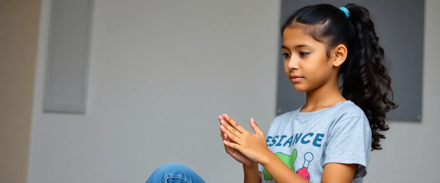 16-year-old girl with curly black hair in a ponytail, olive skin, wearing jeans and a science-themed t-shirt, tapping fingers rhythmically.