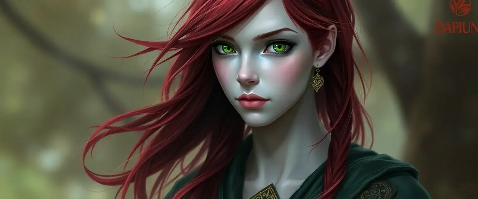Dark red hair, shifting white to pale skin, deep green eyes, cleric robes, nature symbols.