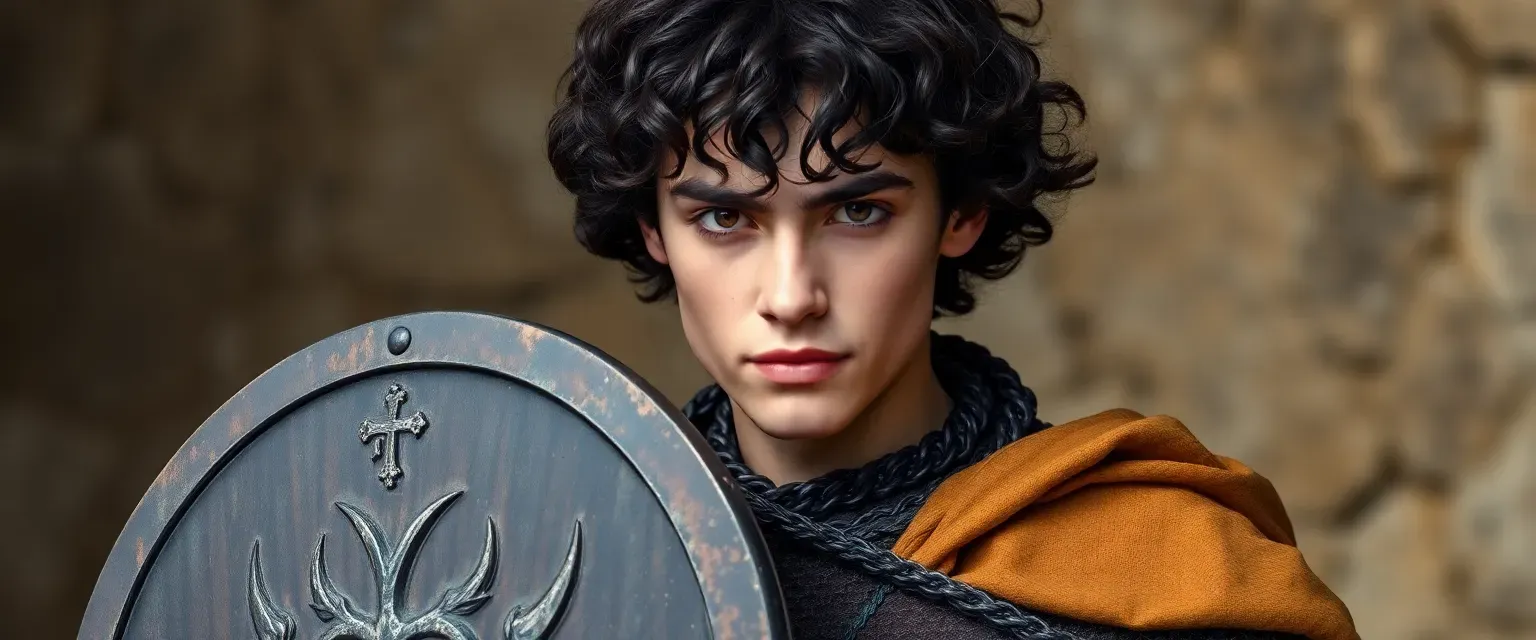 20-year-old human cleric in chainmail, shield with open book, mace or sling, dark curly hair, deep brown eyes.