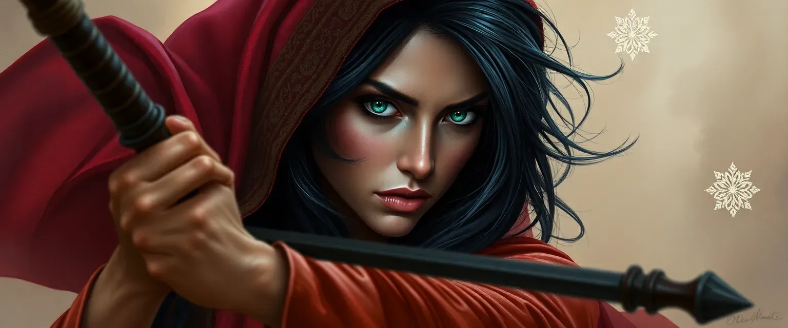 A mysterious woman with emerald eyes and raven hair, disguised in harem silks, armed and poised to strike.