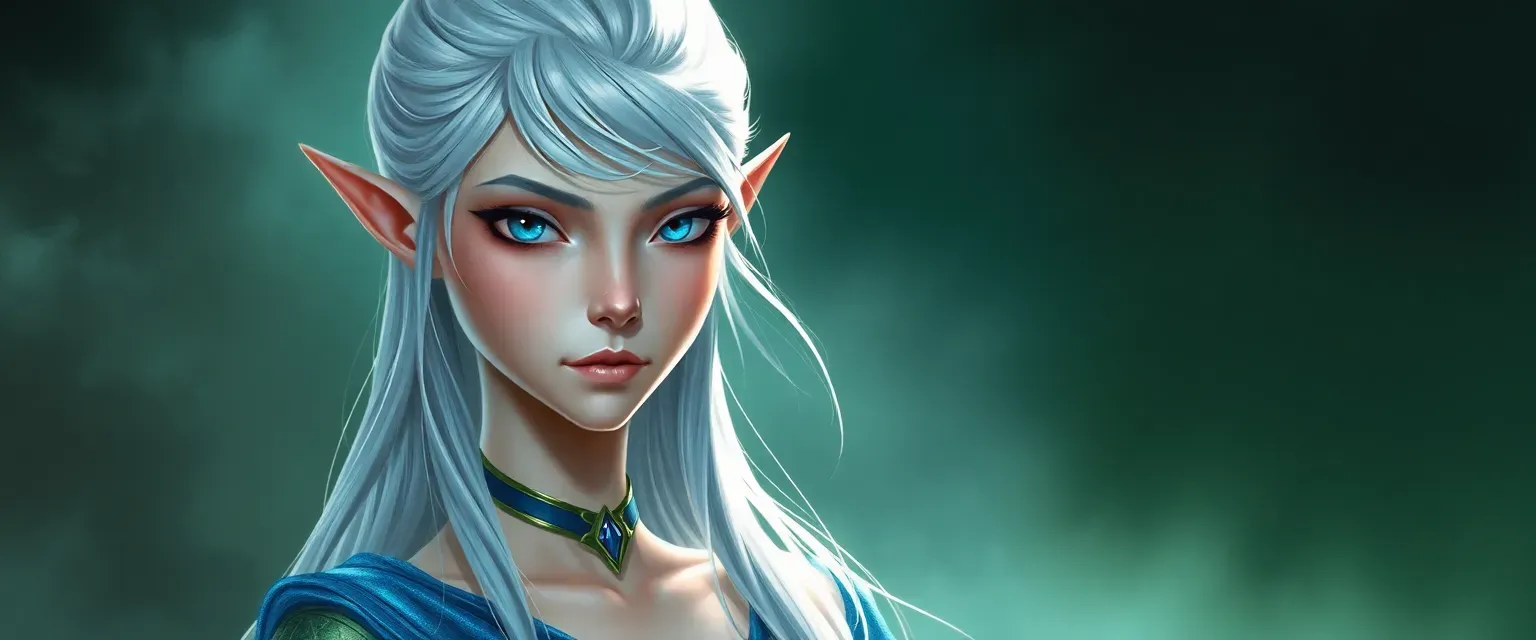 Tall, slender High Elf with silver hair and piercing blue eyes, wearing shimmering blue and green silks.