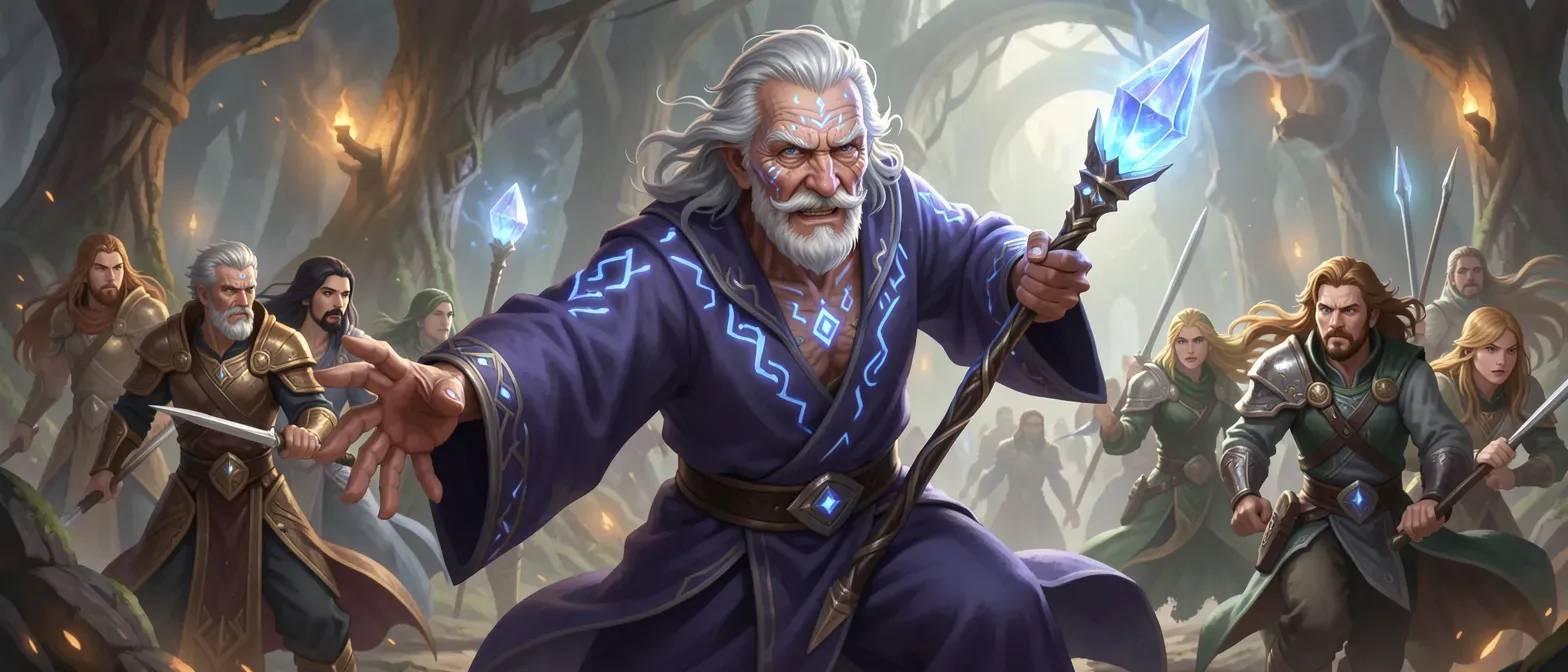 Elderly man with silver hair, weathered skin with glowing runes, wearing indigo robes and carrying a crystal staff, eyes deep with ancient wisdom.