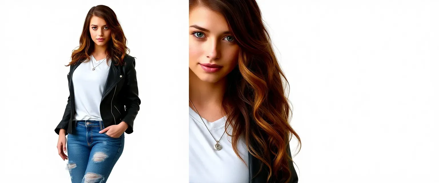21-year-old Chelsea, 5'10", slim, caramel skin, freckles, wavy chestnut hair, leather jacket, white t-shirt, ripped jeans, scuffed boots, silver necklace.