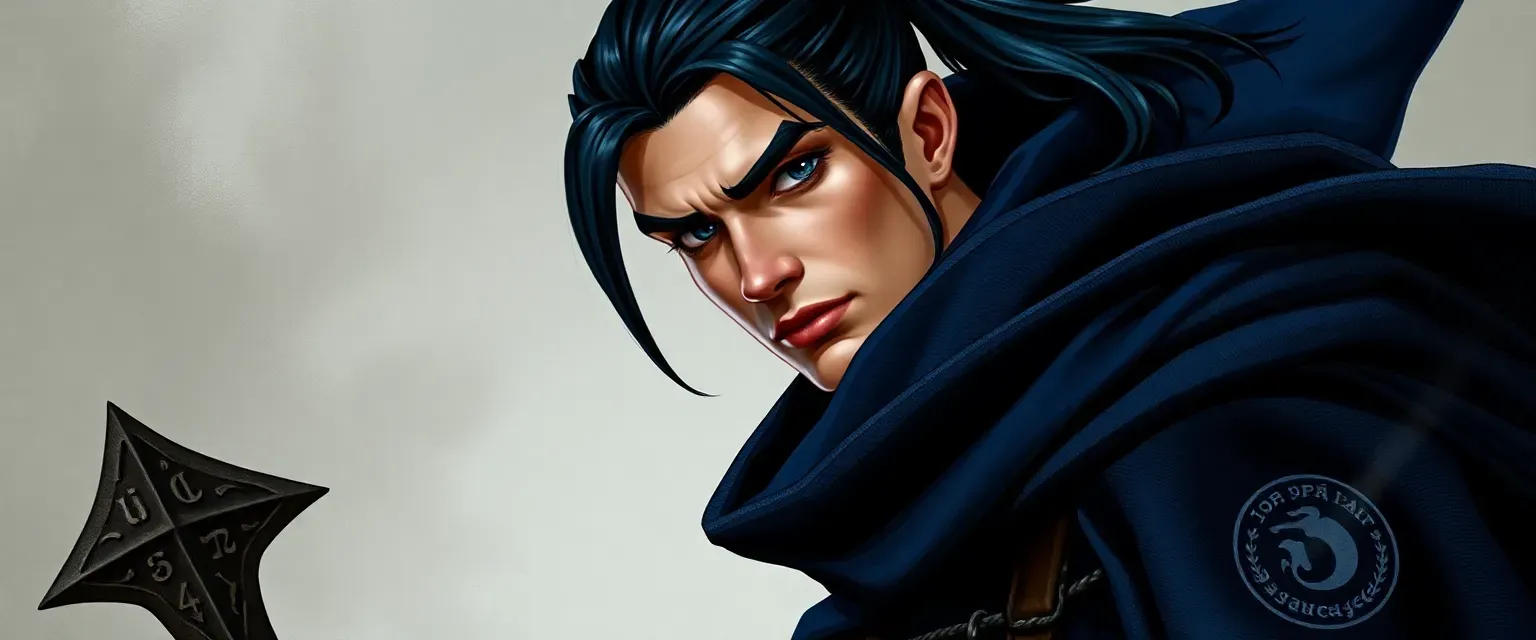 Tall, lean mid-thirties wizard with sharp features, gray eyes, raven-black hair in ponytail, wearing midnight-blue velvet cloak with silver runes and practical boots.