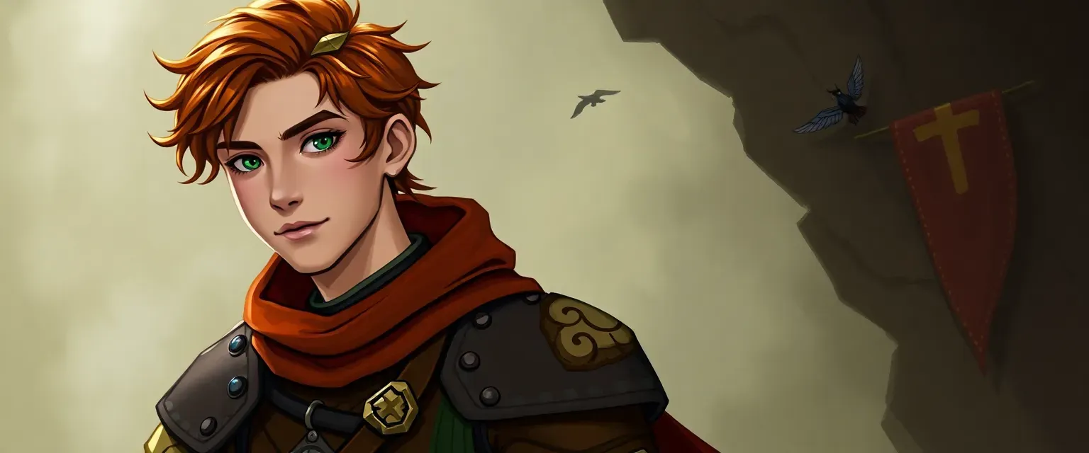 18-year-old Arthur, lean with chestnut hair and green eyes, wears patchwork leather armor adorned with trinkets.