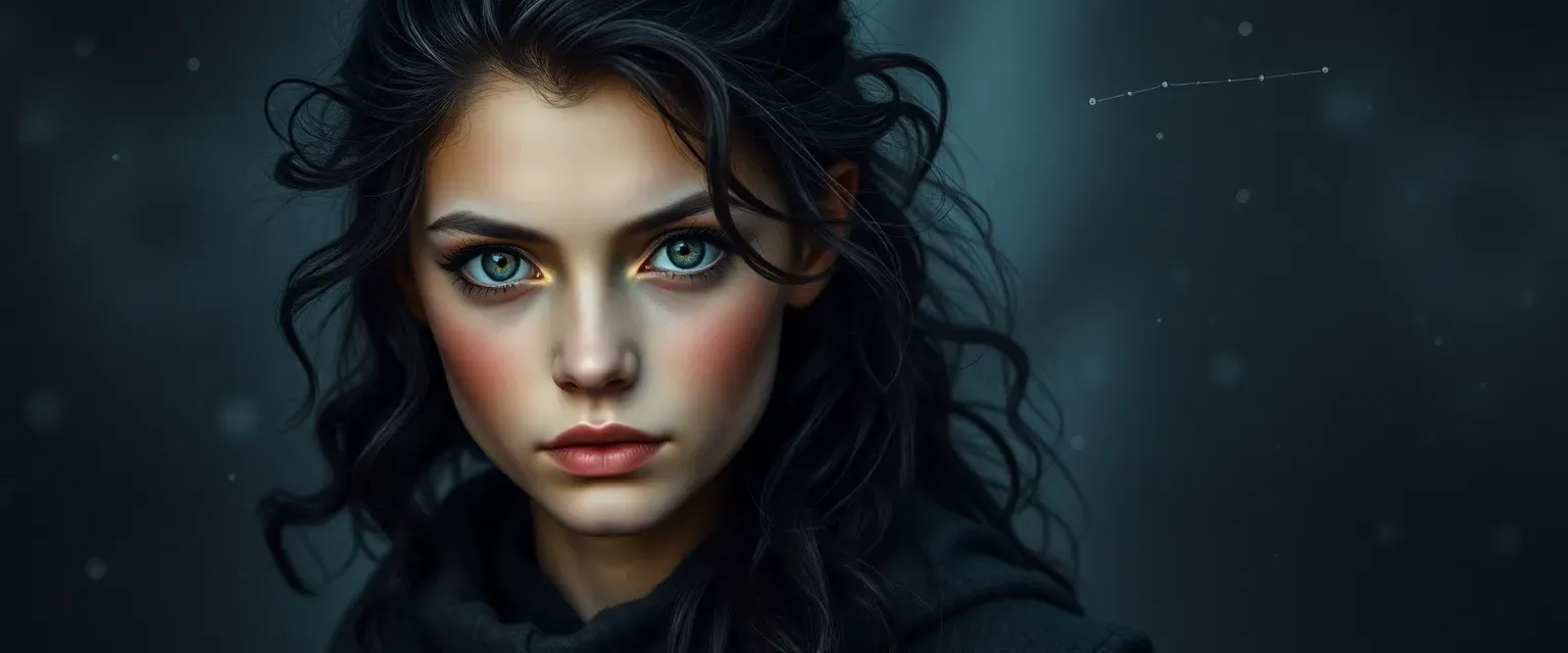 Young woman with wild dark curls and stormy gray eyes, wearing practical dark clothing, often tracing constellations in the air.