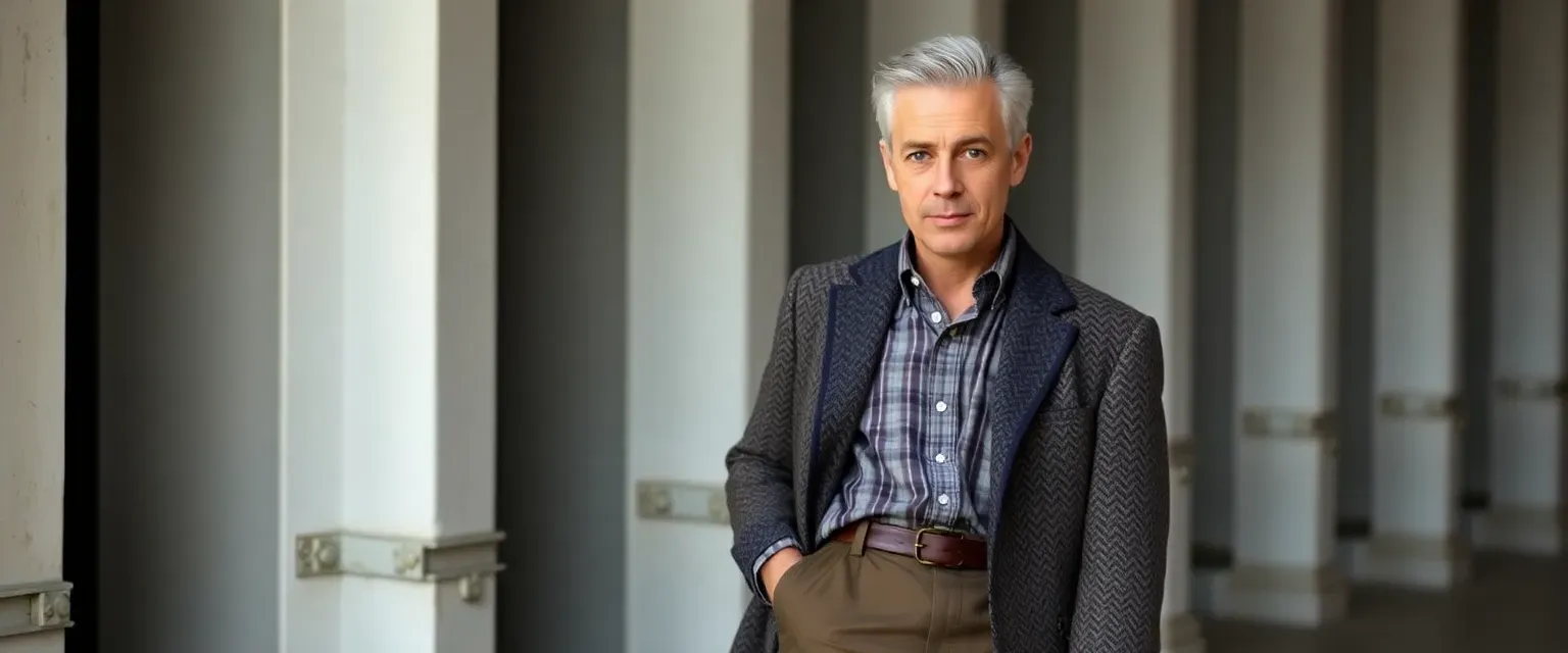 Tall, gray-haired man with blue eyes, wearing a patterned wool coat, linen shirt, leather trousers, and worn boots.