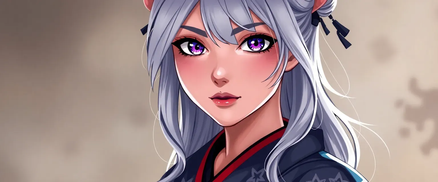 16-year-old girl with silver hair and violet eyes, wearing a star-patterned kimono.