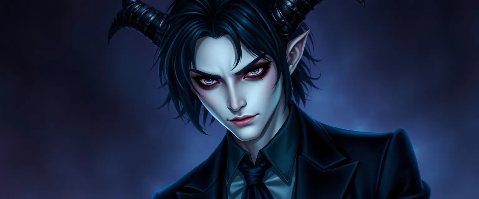 Eternally youthful incubus with pale skin, black eyes, and midnight hair, dressed in a dark velvet suit.
