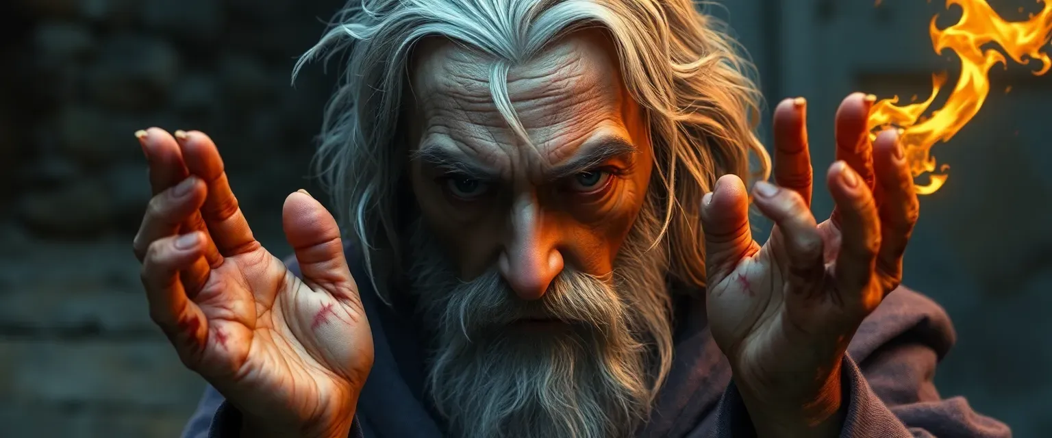 Aged mage with silvering chestnut hair, ethereal robes, and scarred hands, exuding loneliness.
