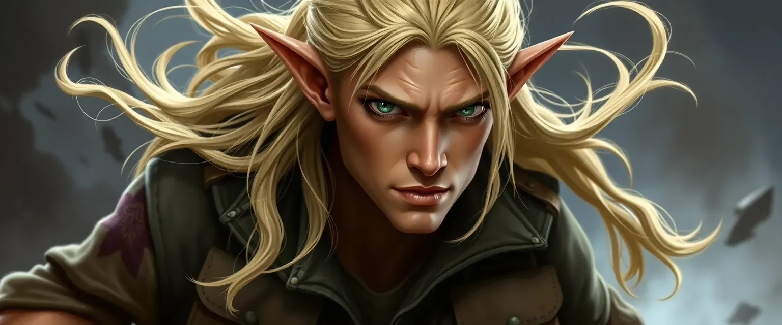 Long blond hair, tan skin with grease, pointed ears, heterochromatic eyes, patchwork jacket with pouches.
