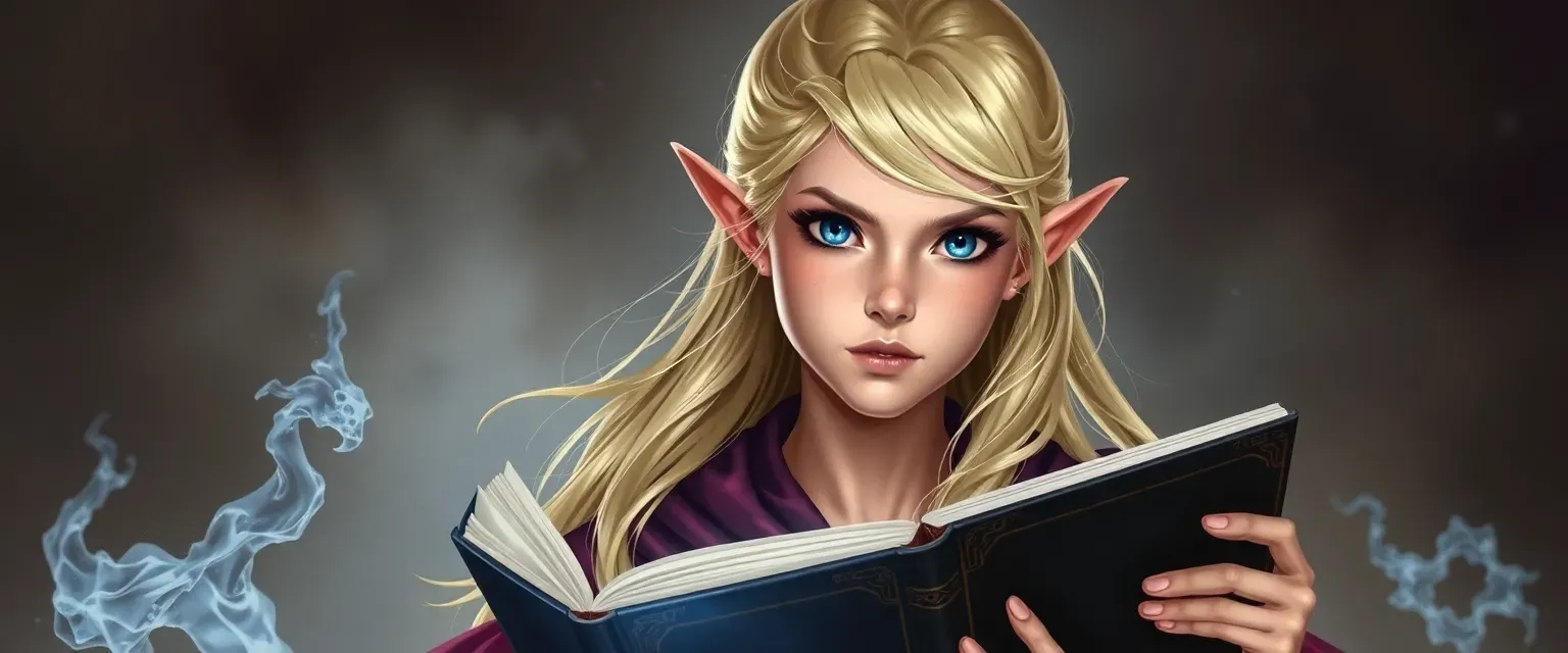 Young half-elf woman with silver-gold hair, blue eyes, wearing elegant robes, holding a spellbook.