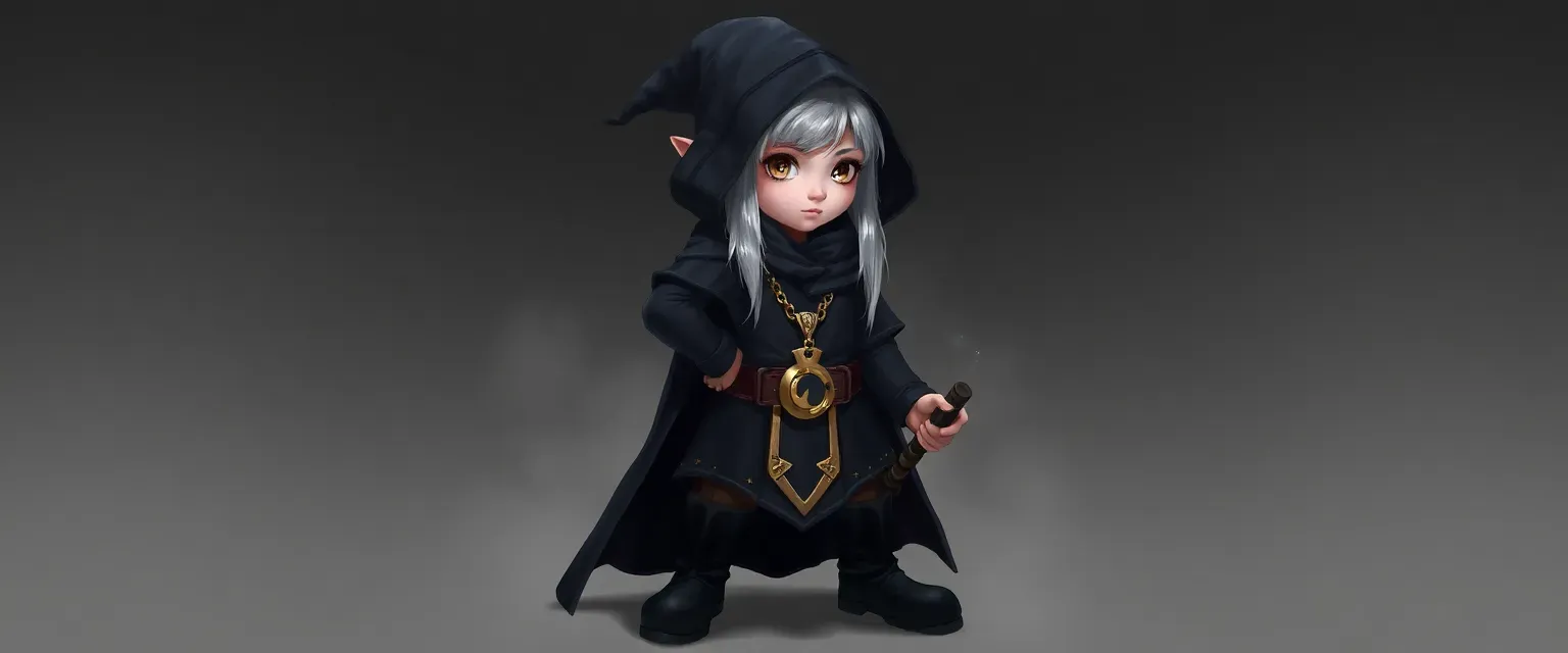 A youthful gnome wizard with silver hair, dark clothes, a hooded cloak, and high black boots, wielding a dark staff and wearing a gold chain with Mystra's symbol.