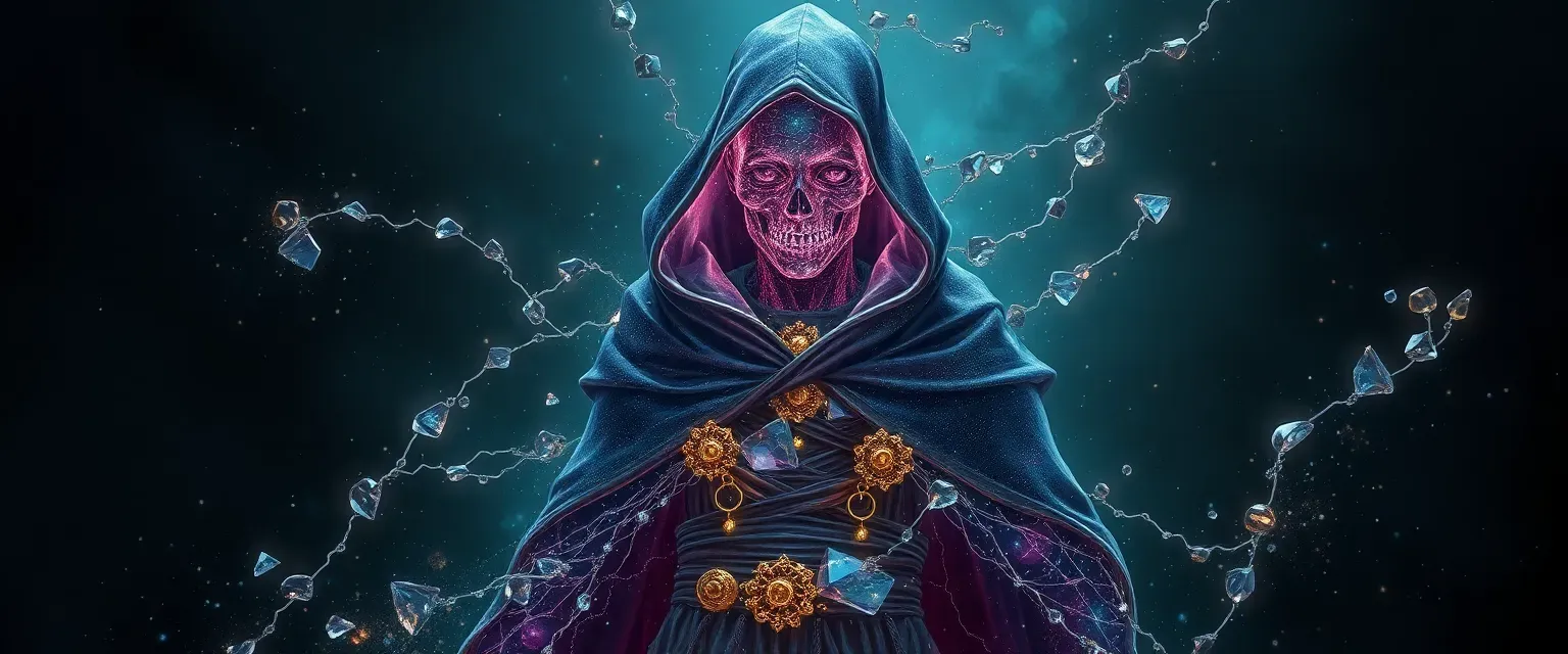 Humanoid figure made of galaxies and glass shards, wearing a sorcerer's cloak with golden ornaments, eerie and spectral.