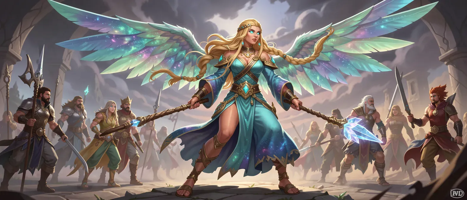 Tan-skinned Aetherian with glowing cyan eyes, long wavy golden-blonde hair in braids with gold bands, iridescent feathered wings, nebula-patterned blue-cyan robes, golden jewelry, gladiator sandals, holding crystal-woven wooden staff.
